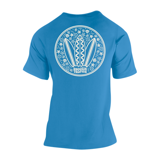 Snoozin Tropics Breezy Surf Tee in turquoise back.