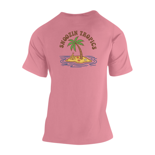 Snoozin Tropics Lost Island Tee backside in pink