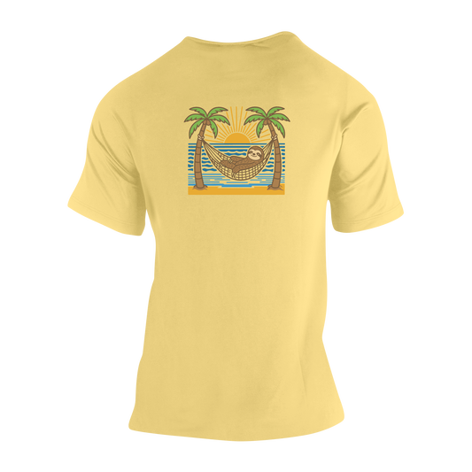 Snoozin Tropics Snoozin Sloth Tee backside in yellow